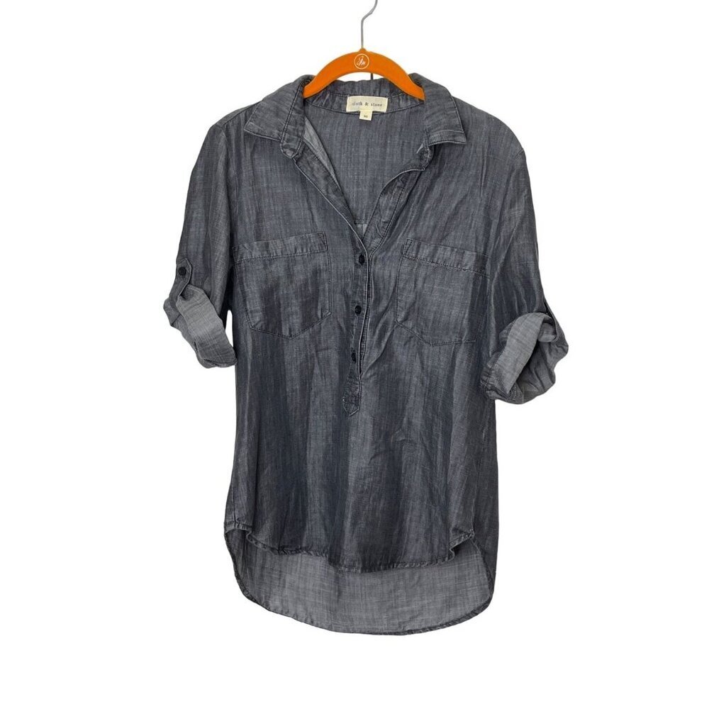 Cloth & Stone Gray Chambray Popover Blouse Tab 3/4 Sleeve Hi Low Hem Tencel XS